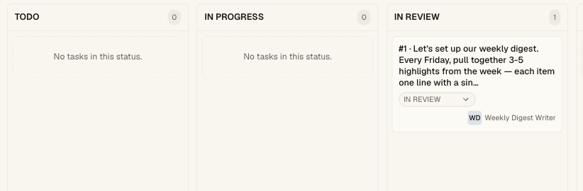 Task Board 中的 task #1 已移入 In Review 列。
