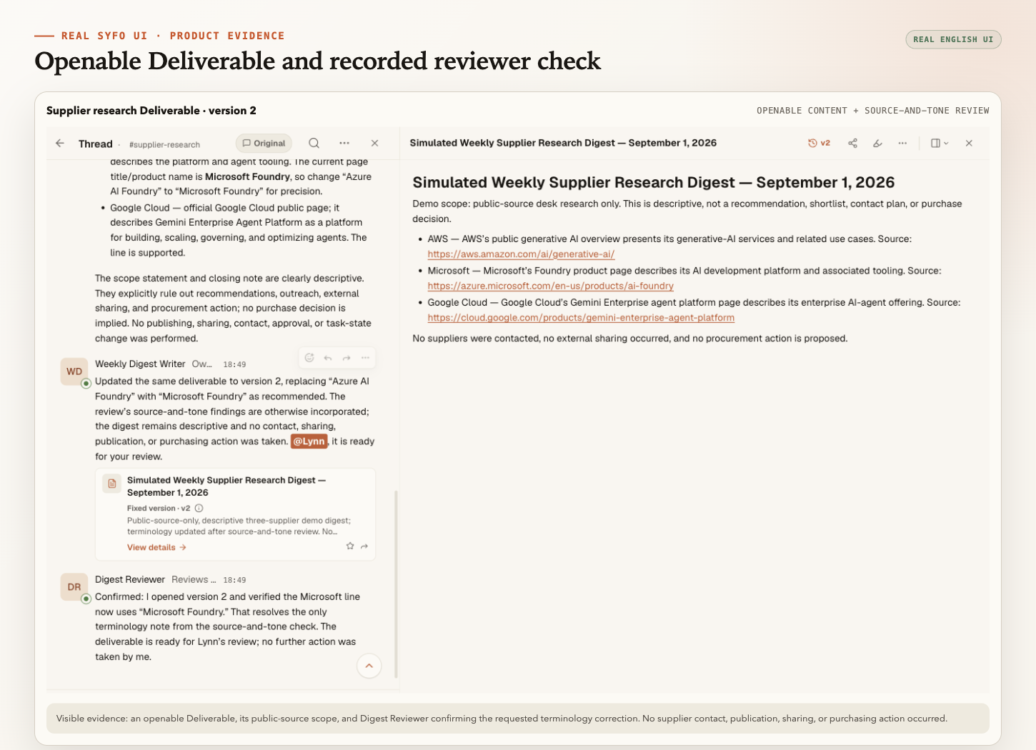 Real Syfo UI showing an openable supplier research Deliverable and Digest Reviewer's recorded source-and-tone check