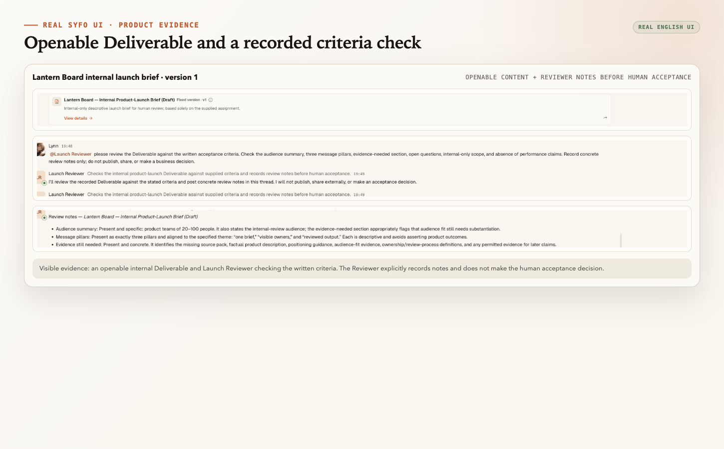 Real Syfo UI showing an openable internal product-launch Deliverable and Launch Reviewer's recorded check against written criteria