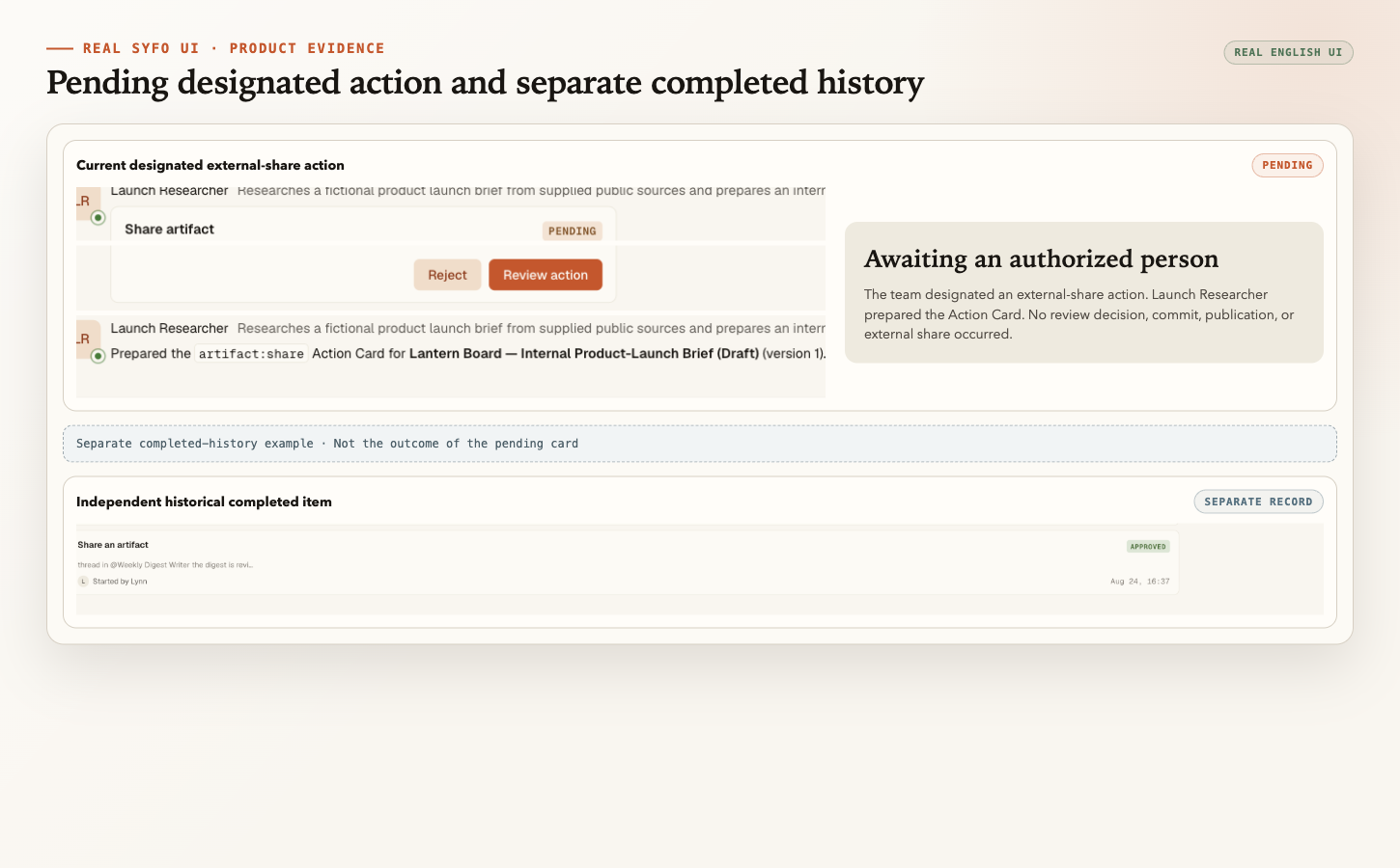 Real Syfo UI showing a pending artifact-share Action Card and a separate historical completed-action record