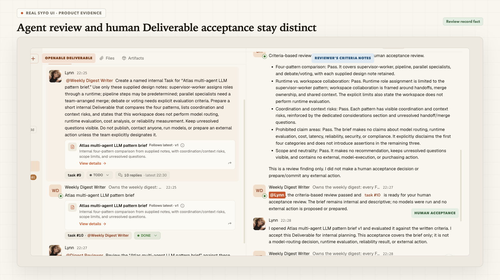 真实 Syfo UI,共享记录中可见可打开的 Deliverable、复核 Agent 的标准检查意见,以及 Lynn 独立作出的人类验收决定。