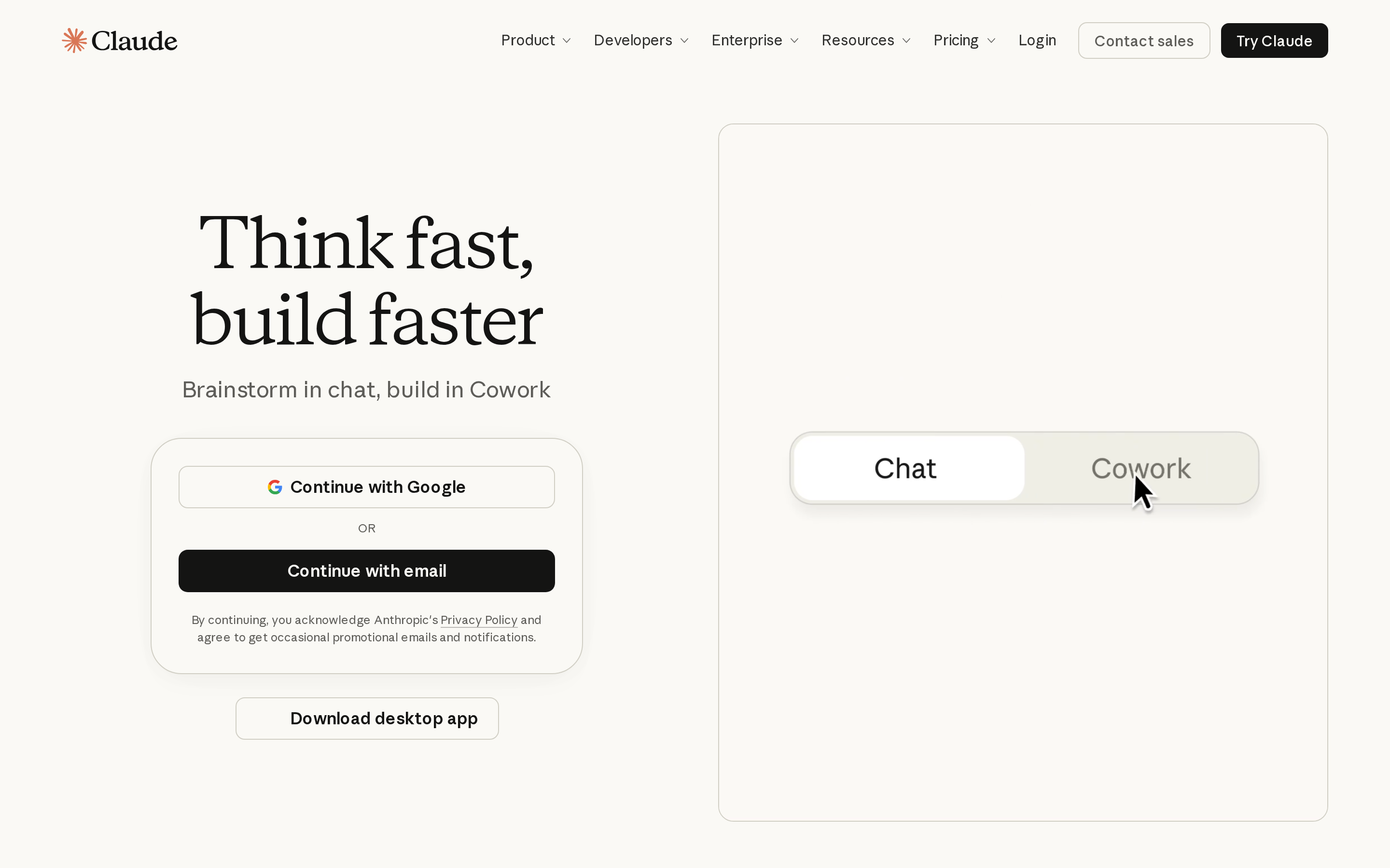 The image shows the homepage of Claude. At the top, there are navigation options like "Product", "Developers", "Enterprise", etc. The main part has the text "Think fast, build faster" and "Brainstorm in chat, build in Cowork". There are two buttons, "Continue with Google" and "Continue with email" on the left, and "Chat" and "Cowork" on the right, with "Cowork" highlighted by a cursor. Below, there's a "Download desktop app" button. This relates to the context introducing Claude Tag, which is a tool for team collaboration.