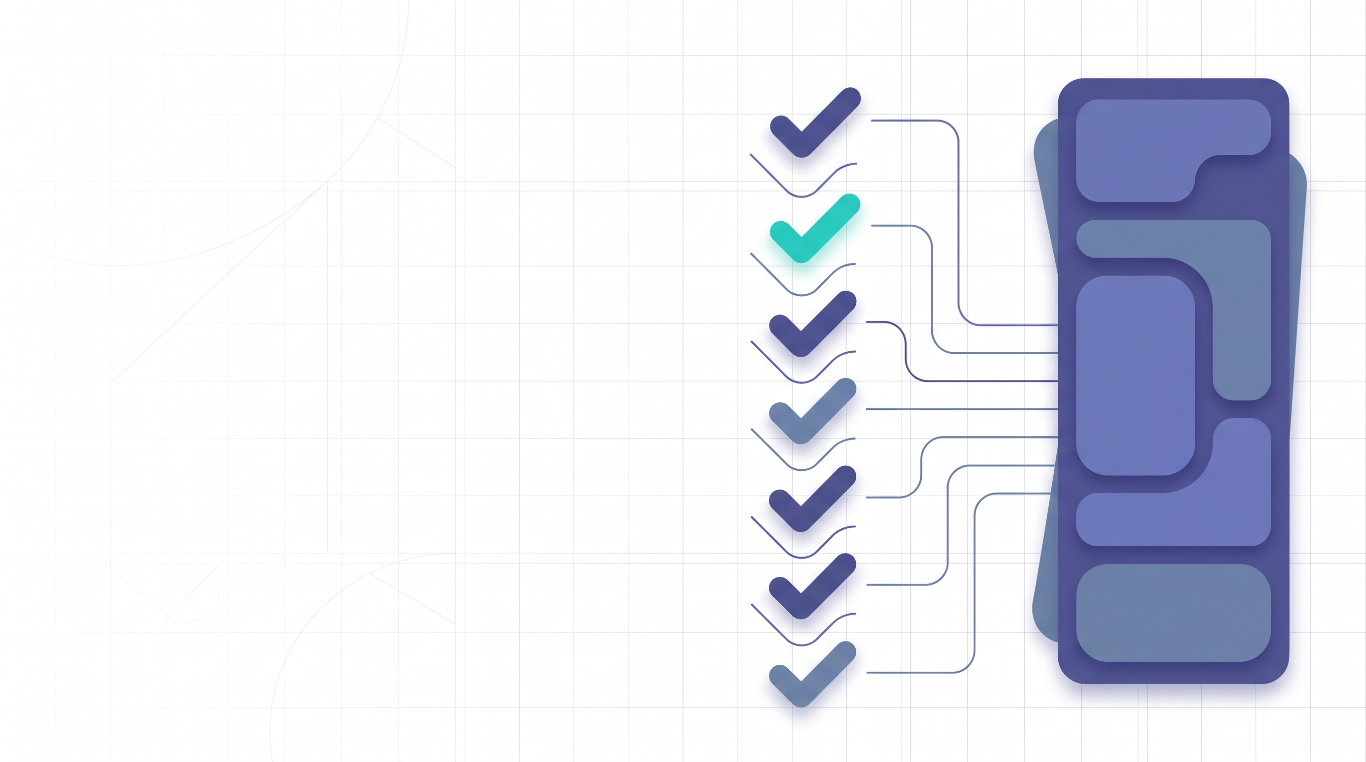 The image features a vertical sequence of checkmarks, with the first two highlighted in teal and the rest in dark blue, connected by white lines to a blue rectangular shape on the right. This visual likely relates to the context of evaluating autonomous AI platforms, possibly indicating key features or capabilities that the platforms possess, with the teal checkmarks emphasizing the most significant ones.