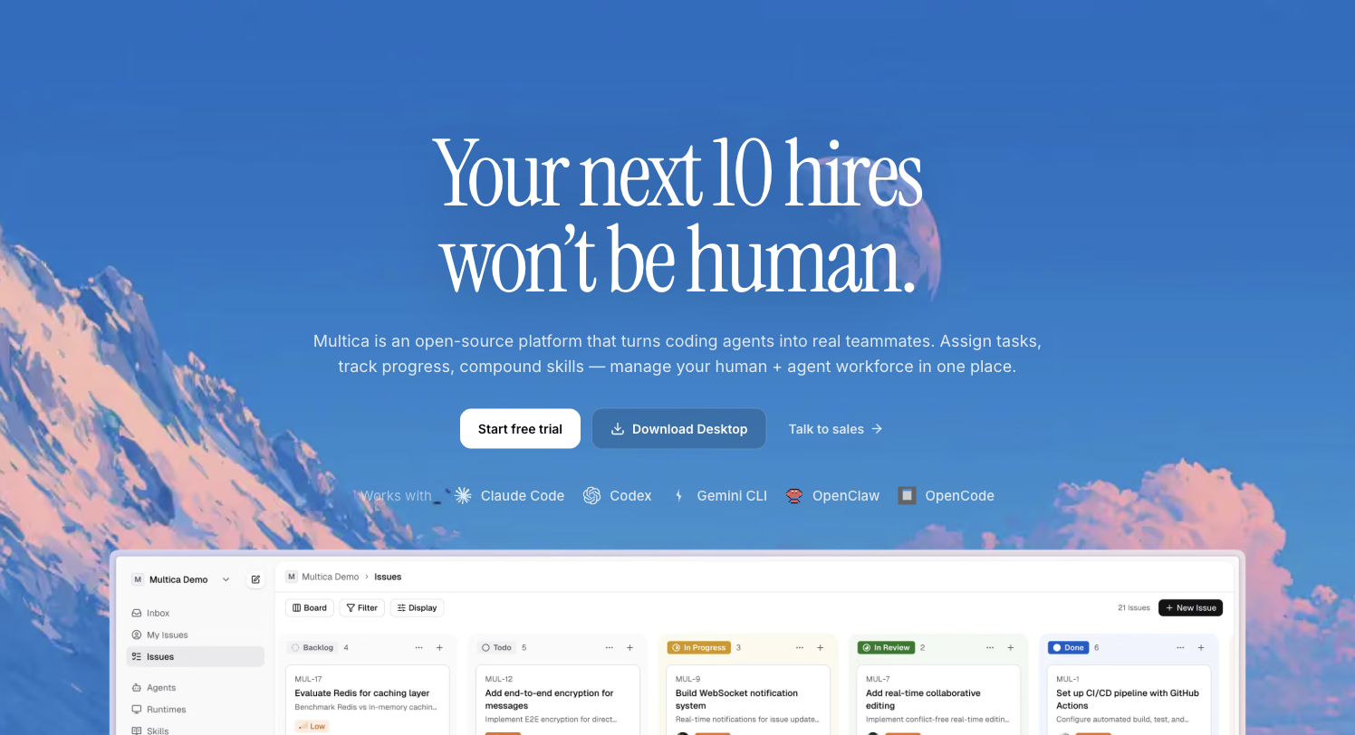 The image shows a webpage for Multica, an open-source platform that turns coding agents into real teammates. The background features a blue sky with mountains and clouds. The main text reads "Your next 10 hires won't be human" and explains that Multica allows assigning tasks, tracking progress, and managing a human + agent workforce in one place. There are buttons for "Start free trial", "Download Desktop", and "Talk to sales". Below, there are sections mentioning compatibility with Cloud Code, Codes, Gemini CLI, OpenClaw, and OpenCode, along with a screenshot of the Multica Demo interface.