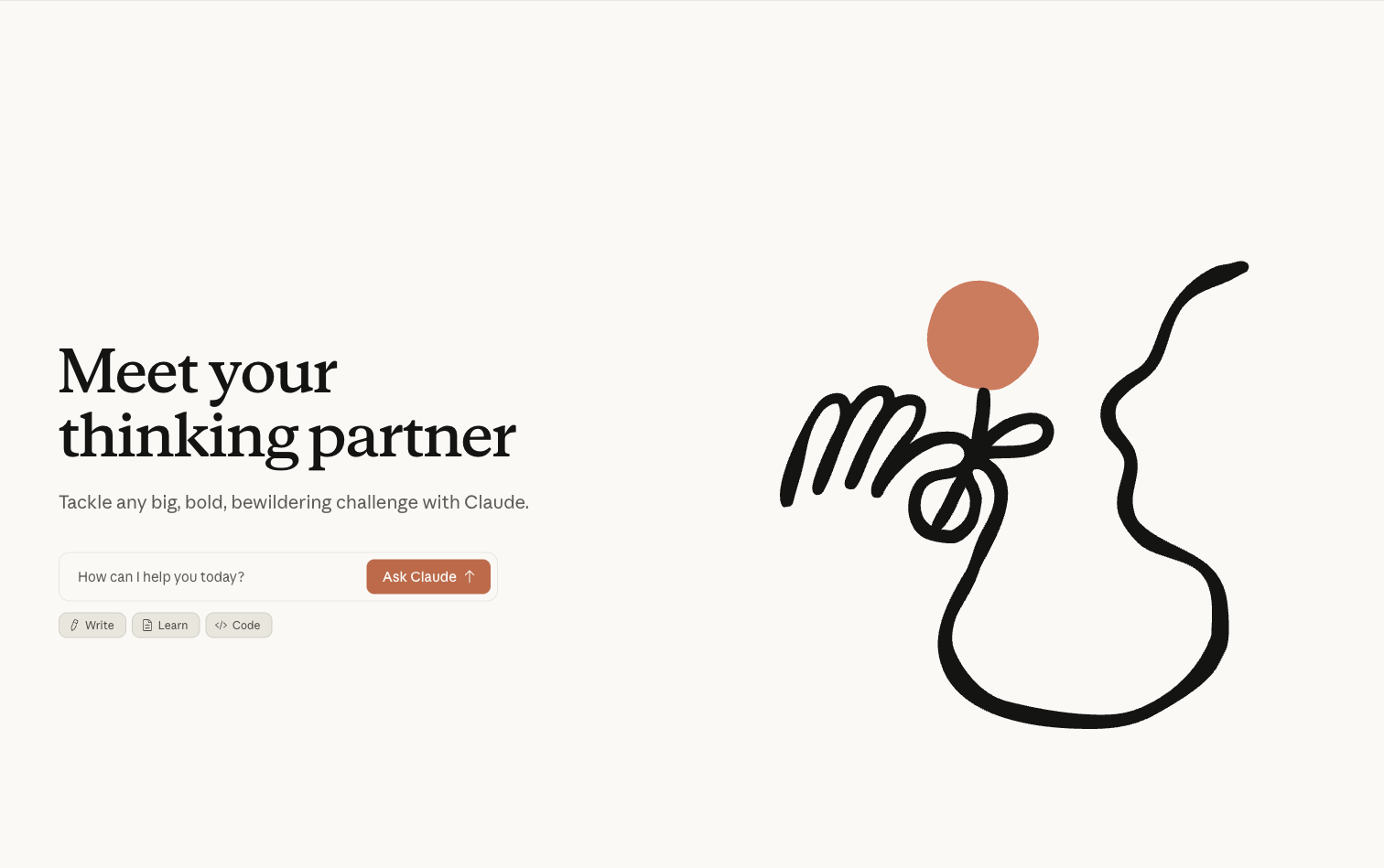 The image shows a user interface for an AI assistant named Claude. On the left side, there is a text "Meet your thinking partner" with the subtitle "Tackle any big, bold, bewildering challenge with Claude." Below it, there are three buttons: "Write", "Learn", and "Code", and a red "Ask Claude" button. On the right side, there is a simple line drawing of a figure with a round head and a curved body, accompanied by a red circle above the head. This image is related to the context about AI assistants in shared workspaces, specifically highlighting Claude as an AI assistant for business in 2026.