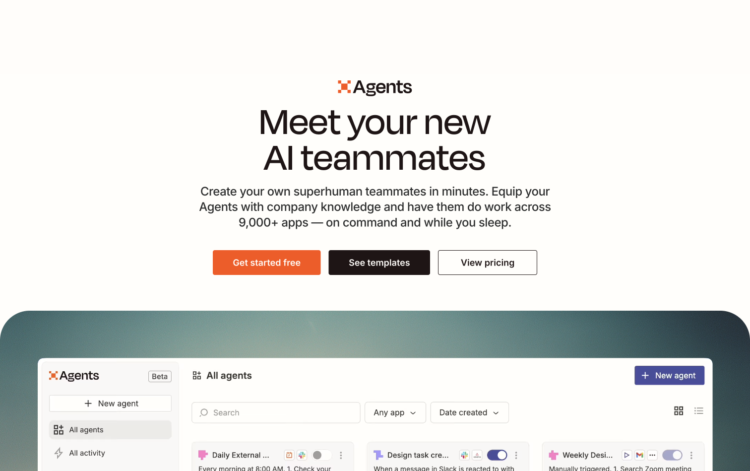 The image shows the interface of Agents, a platform within the Zapier ecosystem. The top part has the "Agents" logo, the title "Meet your new AI teammates", and a description about creating superhuman teammates with company knowledge across 9,000+ apps. There are three buttons: "Get started free", "See templates", and "View pricing". Below is a screenshot of the "All agents" page with a search bar, filters for "Any app" and "Date created", and a list of agents like "Daily External...".