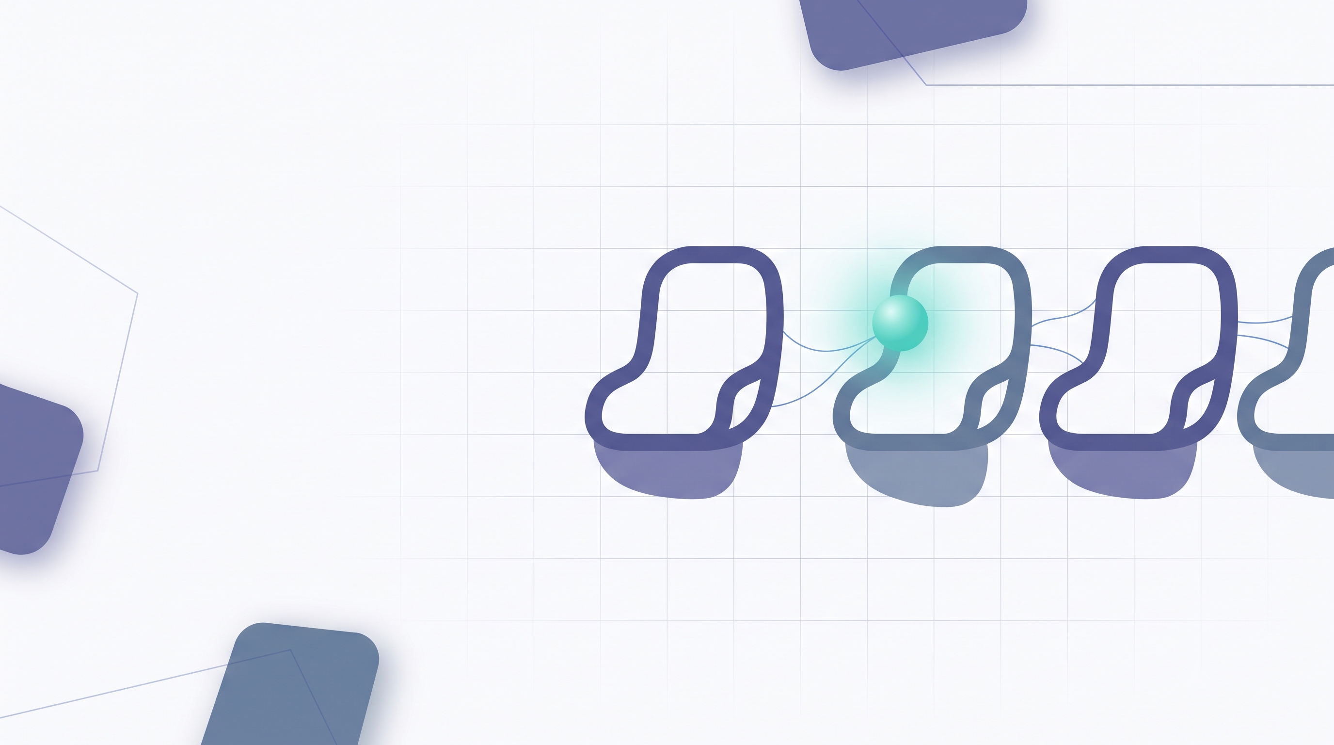 The image shows a series of blue and purple chair-like icons arranged in a row on a grid background. A green light is centered between the third and fourth icons, highlighting their connection. This visual likely relates to the context discussing AI employees and their capabilities, possibly illustrating a process or relationship between different AI roles or functions.