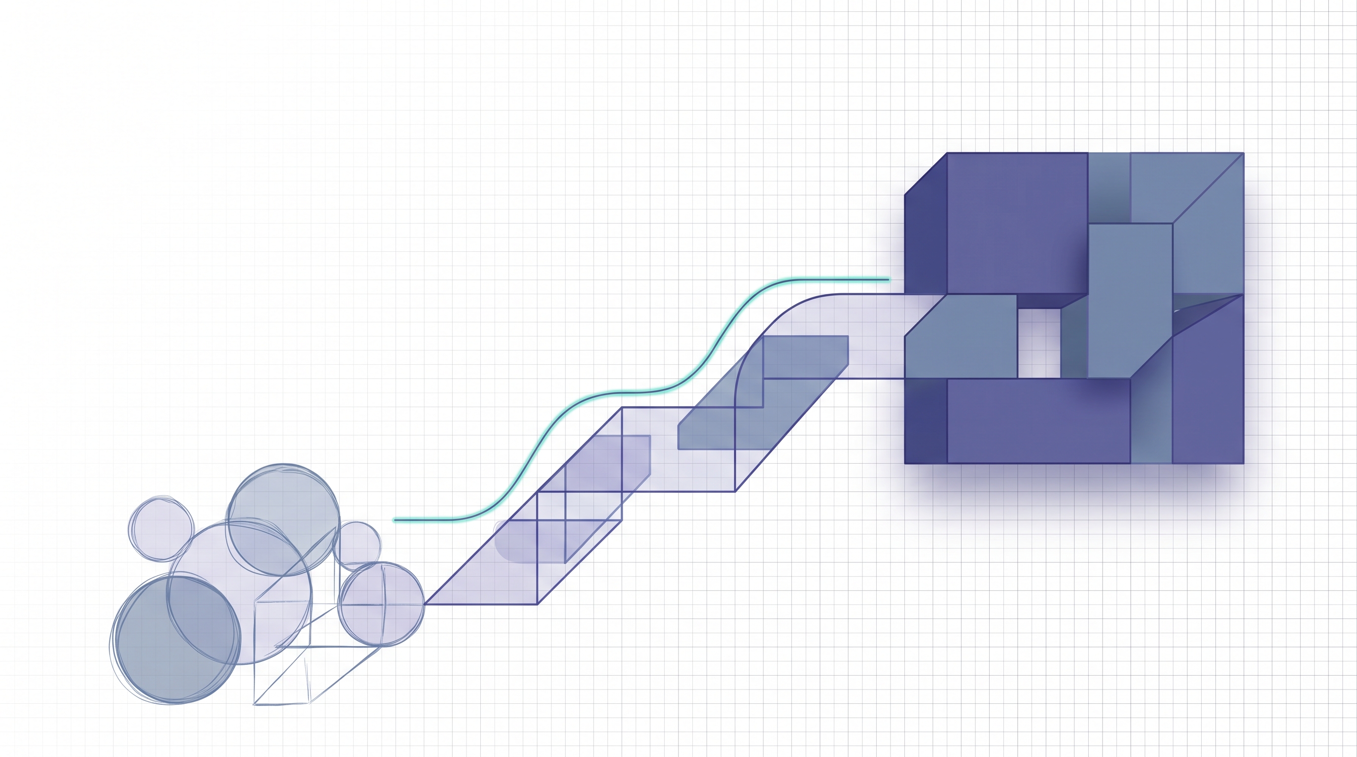 The image depicts an AI Agent work flow, with a green line representing the path the Agent takes. It starts from a cluster of circles and squares on the left, moves through a series of blue and gray blocks, and ends at a larger blue block on the right. This visualizes the process where the Agent reads, calls tools, and checks outputs along the path, which determines the result, corresponding to the context about AI Agent work flow construction and reliability enhancement.