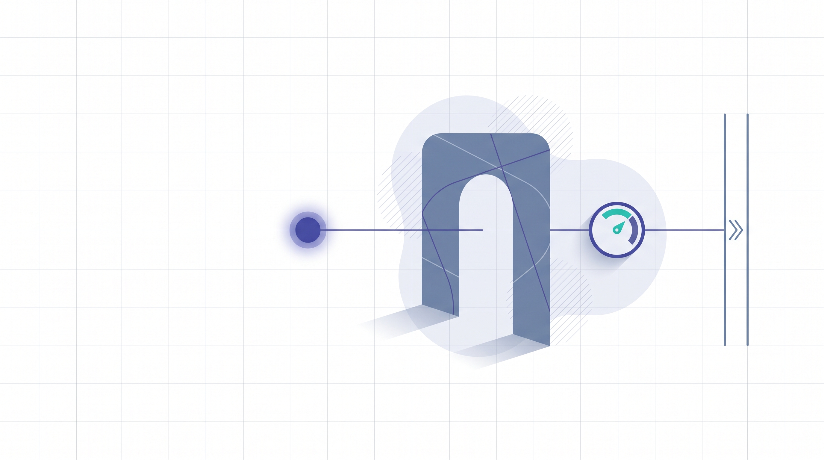 The image features a stylized blue "N" logo with a circular gauge on the right side, set against a light blue grid background. A horizontal line extends from the left of the "N" to the gauge, with a small blue dot on the left end and an arrow pointing to the right on the right end. This diagram likely relates to the context of "15-Agent Evaluation: Metrics and Methods to Tes", possibly symbolizing a measurement or evaluation process associated with the "N" brand or entity.