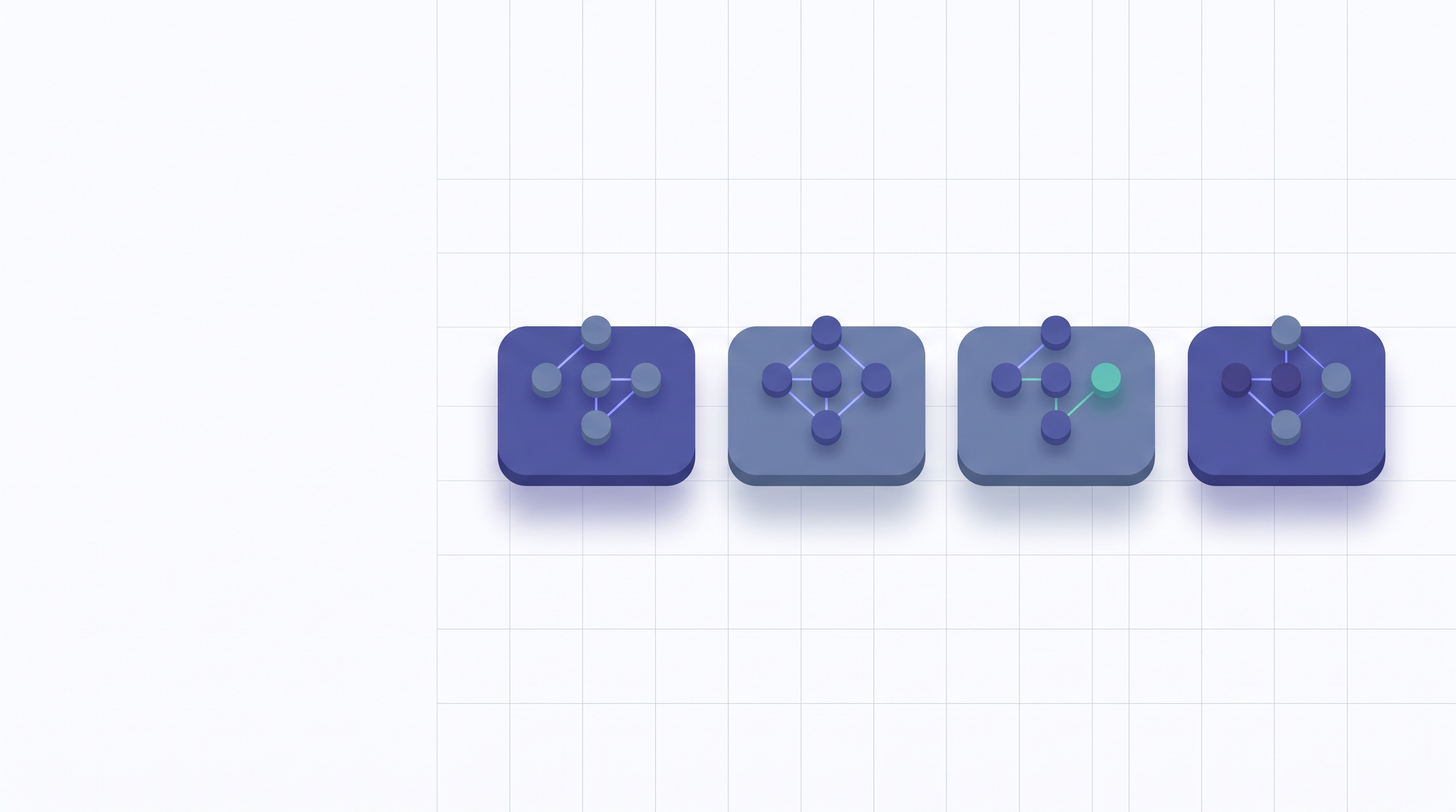 The image shows four blue square icons arranged in a row on a white background with a grid pattern. Each icon contains a cluster of connected circles in different colors, including gray, blue, and green. The circles are linked by lines, forming a network-like structure. This diagram likely relates to the context of comparing multi-Agent AI platforms, possibly illustrating different ways of supporting multiple Agents working together, such as how they save or present shared states, support交接, or allow members to check outputs.