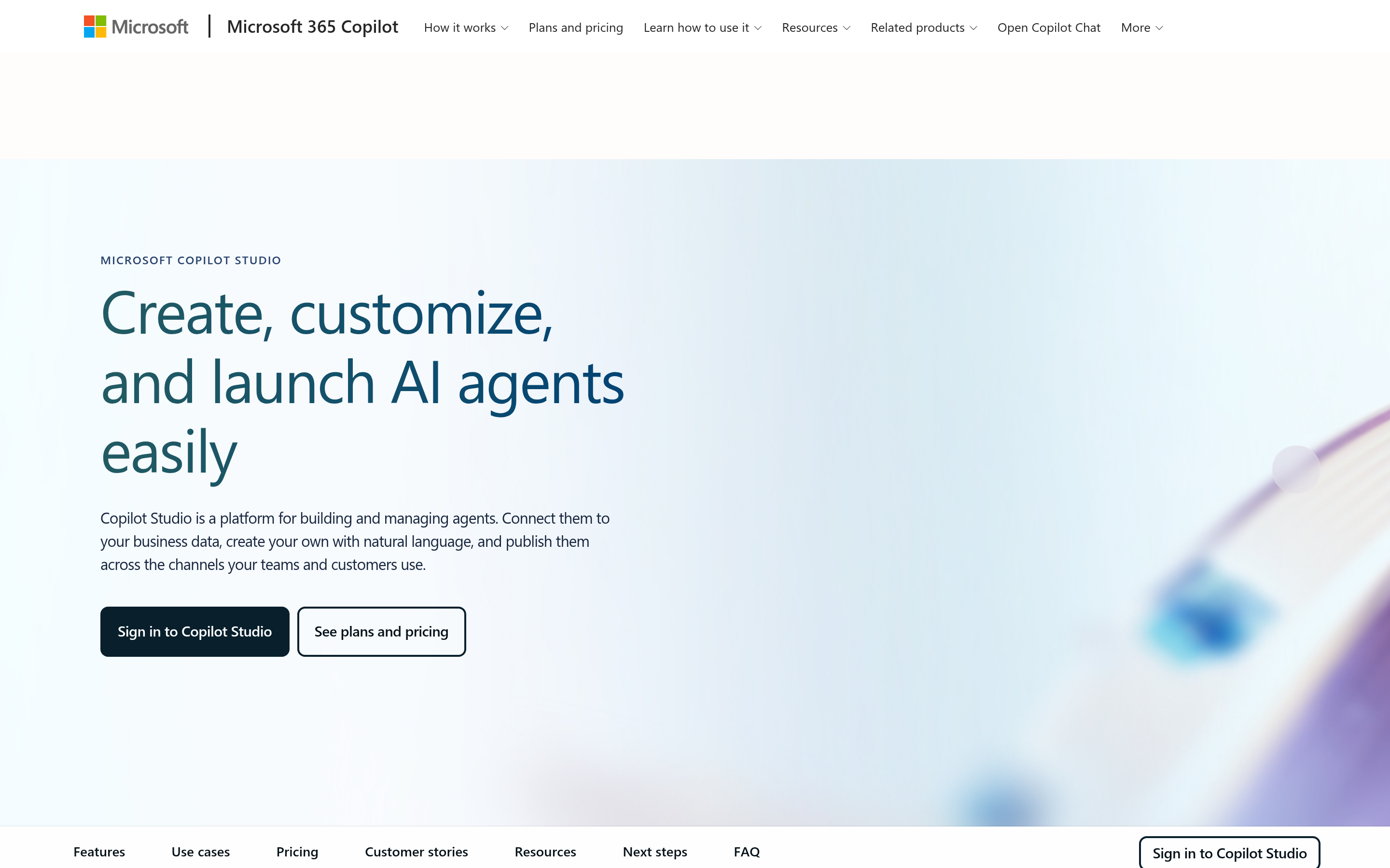 The image shows the Microsoft Copilot Studio webpage. The top has the Microsoft logo and navigation links like "How it works", "Plans and pricing", etc. The main content area has the text "Create, customize, and launch AI agents easily" in large font, followed by a description: "Copilot Studio is a platform for building and managing agents. Connect them to your business data, create your own with natural language, and publish them across the channels your teams and customers use." Below are two buttons: "Sign in to Copilot Studio" and "See plans and pricing". At the bottom, there are links to "Features", "Use cases", "Pricing", etc.