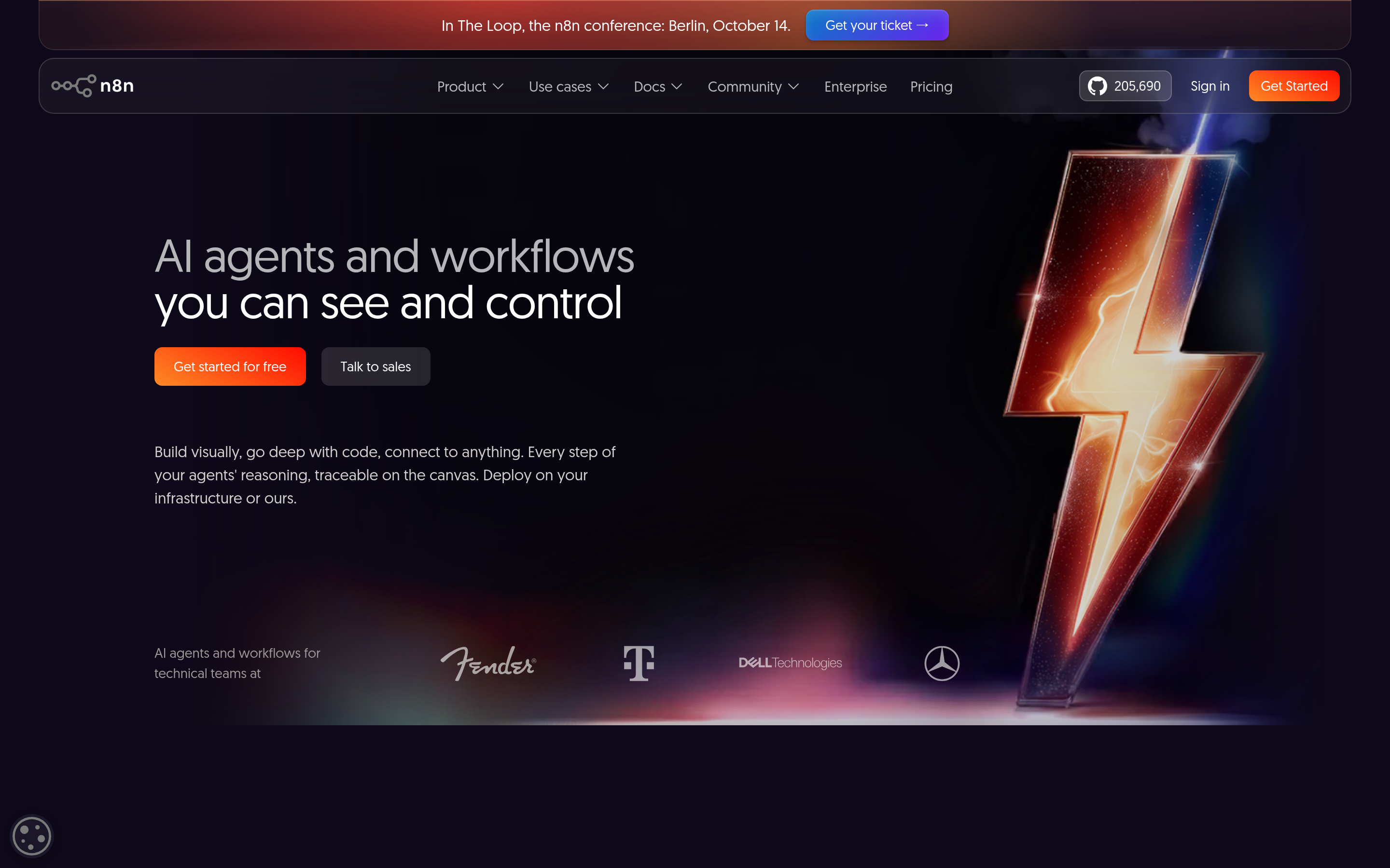 The image is a screenshot of the n8n website. It features a dark background with a prominent lightning bolt graphic on the right. The main text reads "AI agents and workflows you can see and control". Below, there are two buttons: "Get started for free" and "Talk to sales". The website also mentions "Build visually, go deep with code, connect to anything. Every step of your agents' reasoning, traceable on the canvas. Deploy on your infrastructure or ours." At the bottom, there are logos of Fender, T-Mobile, and DELL Technologies.