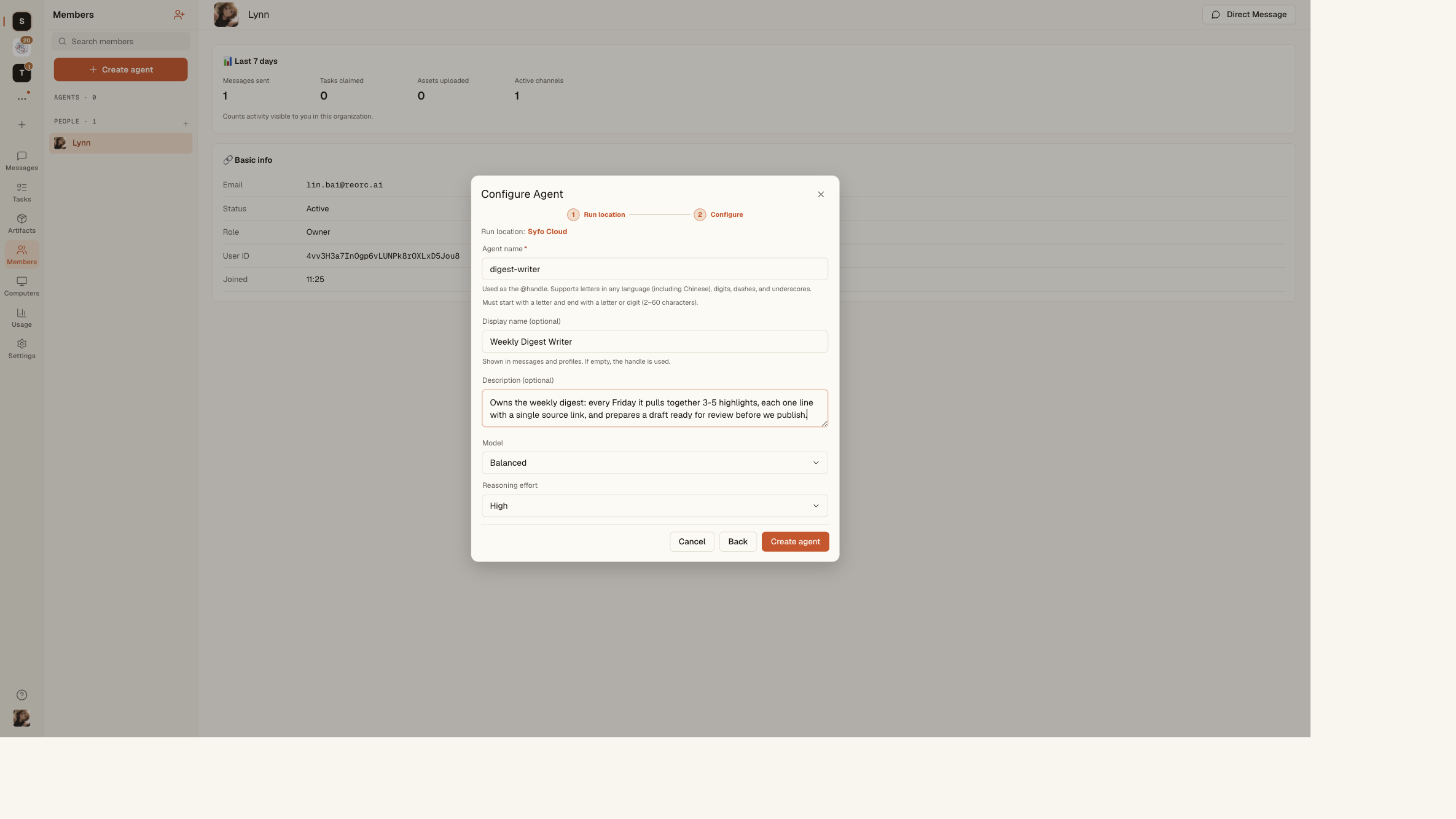 Creating the writer Agent with a role, description, and model settings.