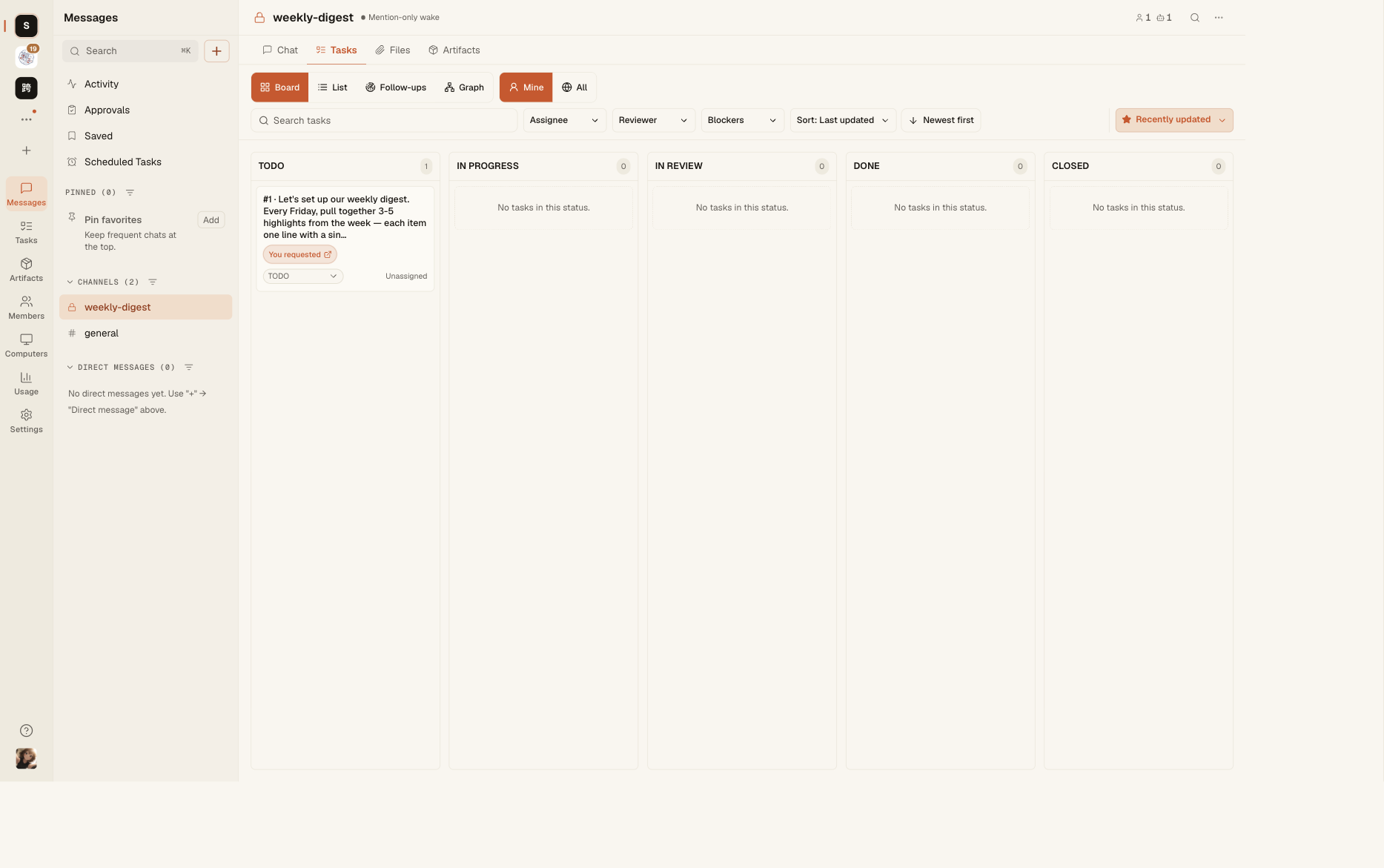 The request becomes a Task in TODO, ready for the Agent to claim.