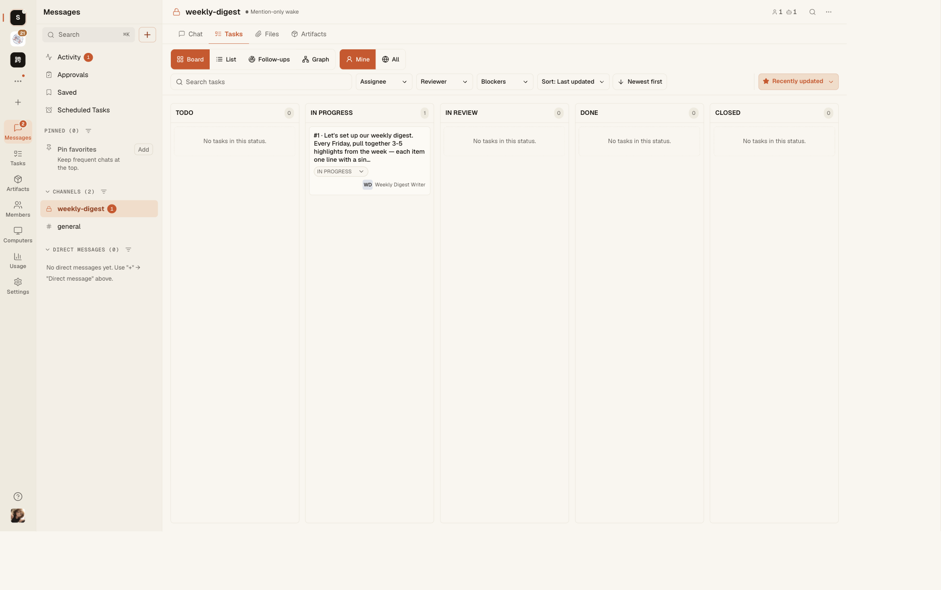 The Agent claims it — the Task Board shows In Progress with an assignee.