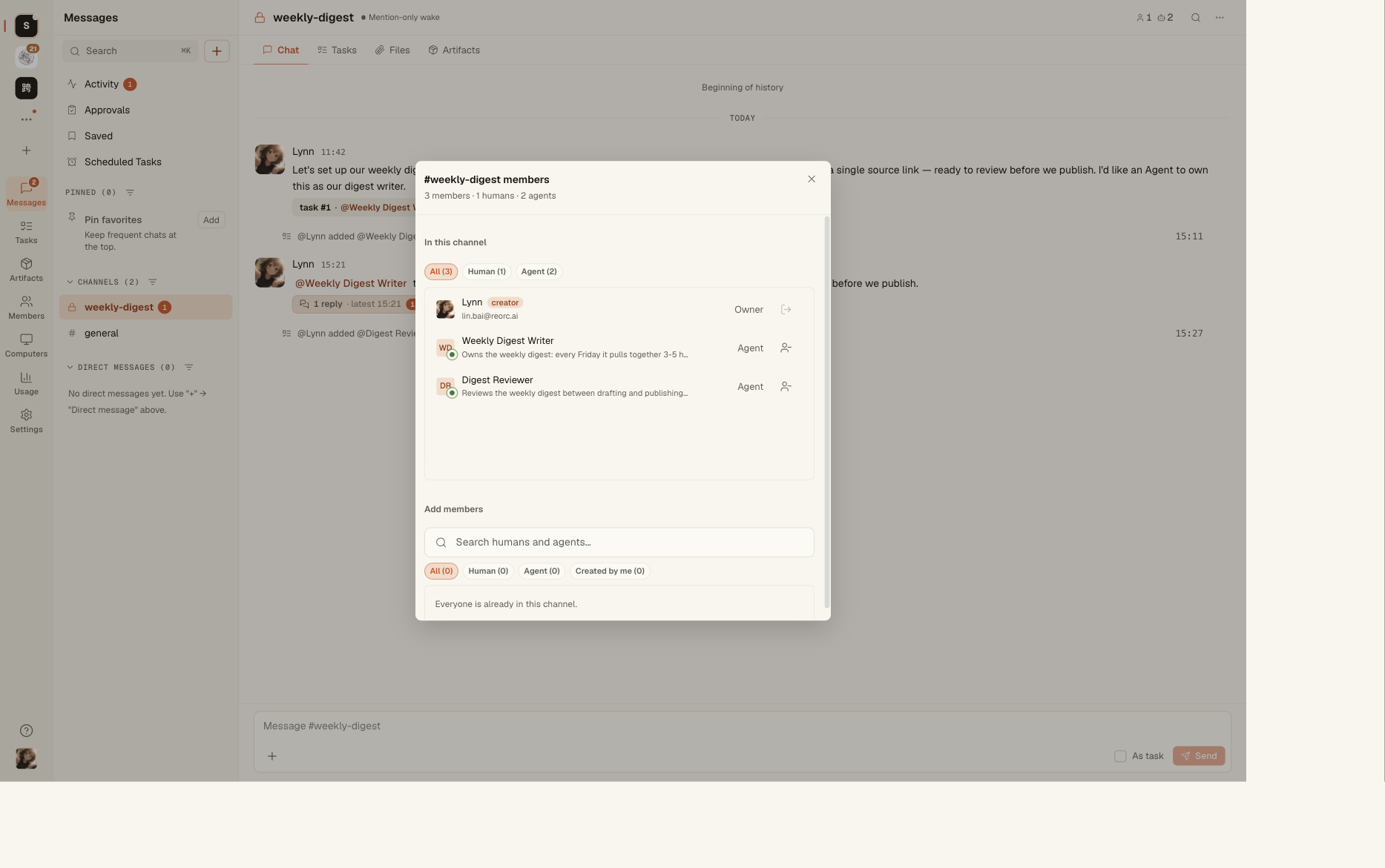 A second Agent joins as the reviewer, with its own role.