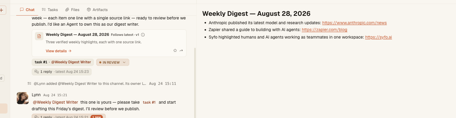 An openable Weekly Digest Deliverable displayed beside the shared Syfo Channel