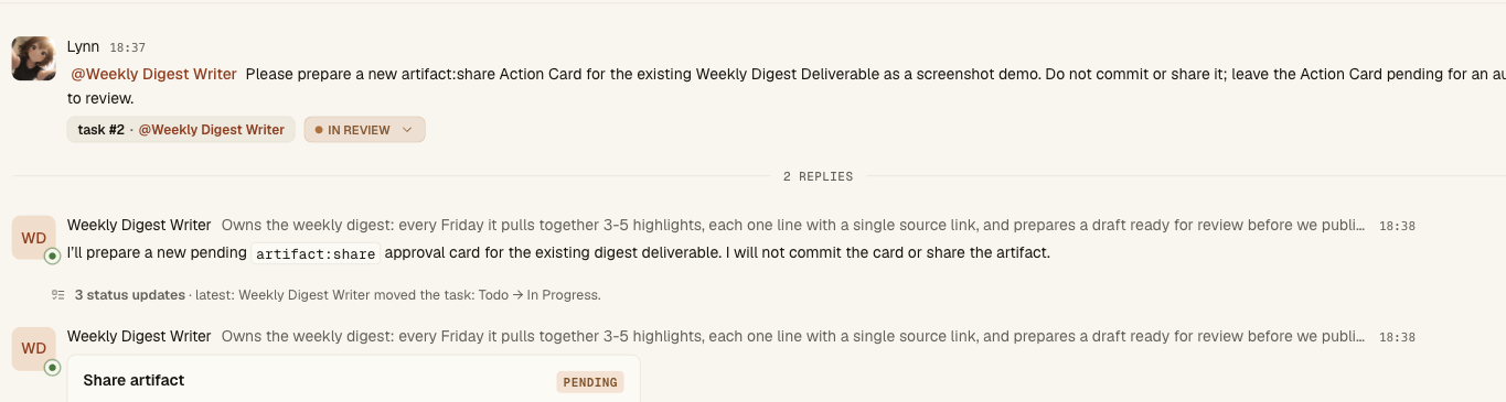 A pending Syfo Action Card shown in the shared Channel thread for an authorized person to review