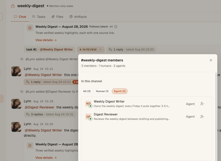 A private Syfo Channel showing the Agent members configured to access the shared multi-agent AI record