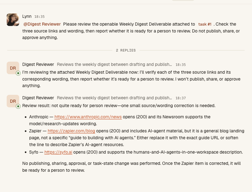 Digest Reviewer checking an openable Deliverable and flagging a source correction before human review
