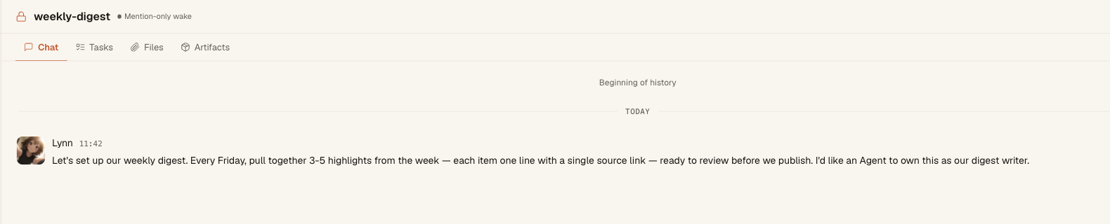 A shared Syfo Channel containing the team brief for a weekly digest workflow