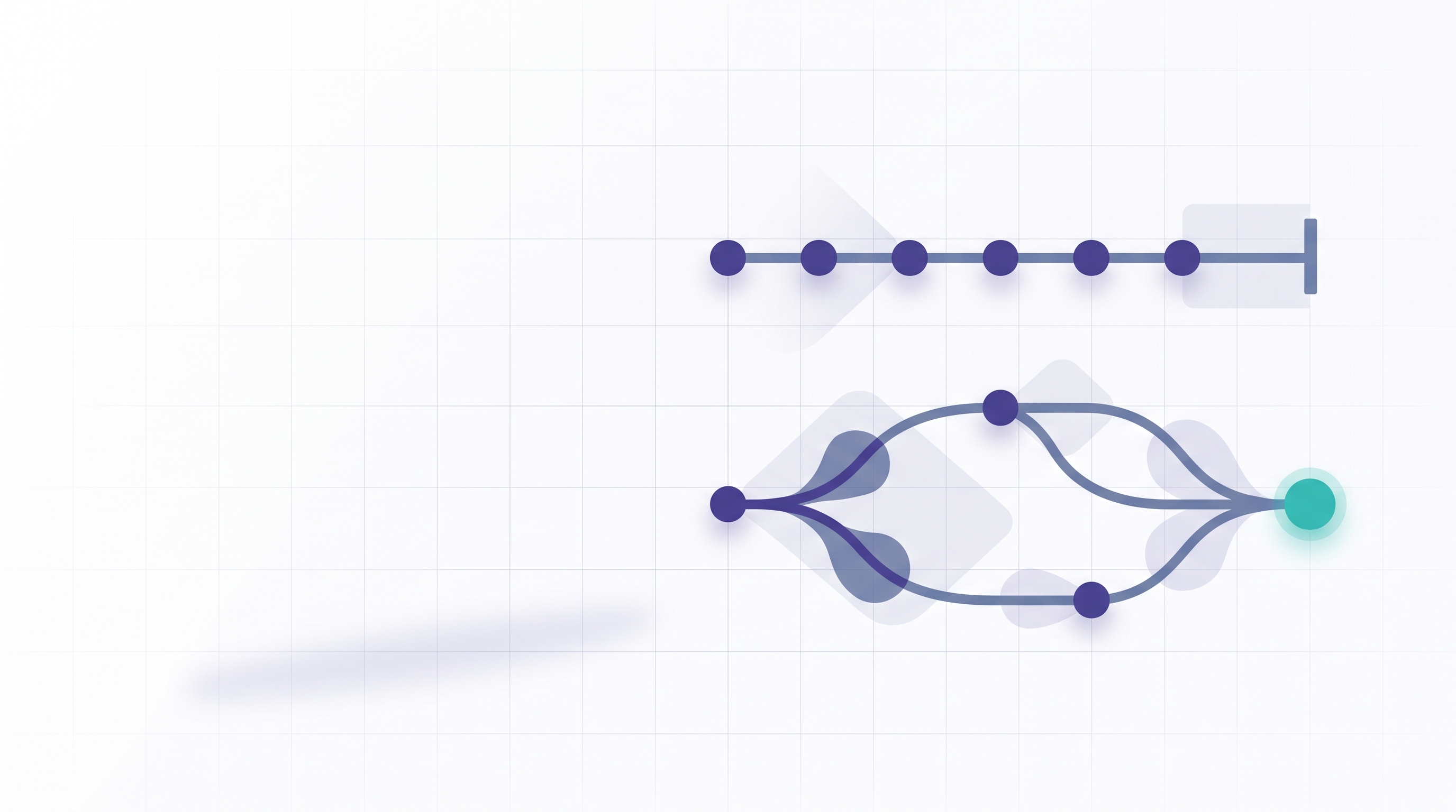 The image features a grid background with a horizontal line of purple dots above and a curved line of purple dots below, connected by a green dot at the end. This diagram likely relates to the context discussing "Agentic Automation: What It Changes Compared", possibly illustrating a process or sequence of steps, with the green dot possibly highlighting a key point or endpoint in the automation process being compared.
