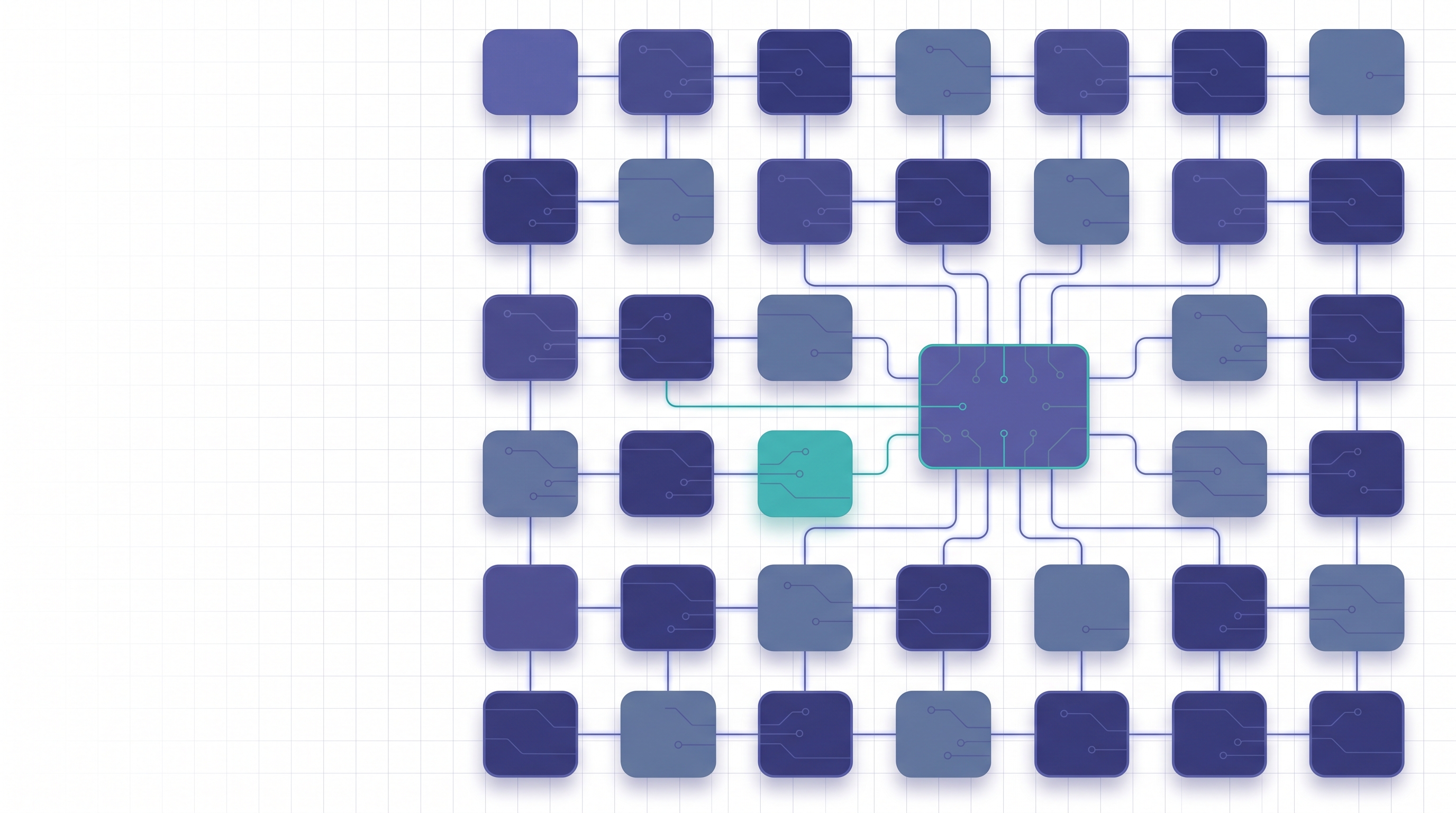 The image presents a grid-like structure with multiple square cells in various shades of blue, some featuring circuit-like patterns. A central square in a distinct teal color is connected to several surrounding blue squares by white lines, suggesting a network or interconnected system. This diagram visually represents the concept of 'AI劳动力' (AI labor force) discussed in the document, which involves a group of Agents working together, with tasks, handovers, and member acceptance visible on a shared task board, as mentioned in the context about Syfo and AI labor force.