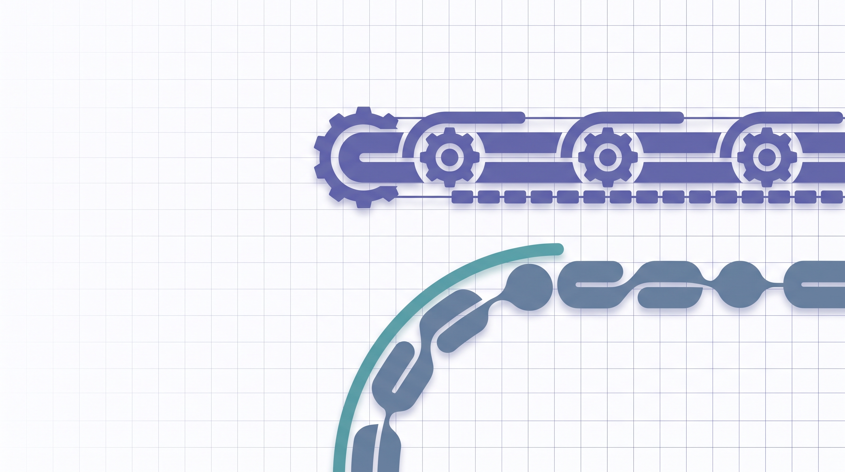 The image features a blue chain with gear-like links, set against a grid background. The chain is composed of alternating gear and rectangular segments, with some links highlighted in a teal color. This visual likely relates to the context discussing autonomous process automation (APA) and its differences from traditional RPA, possibly symbolizing the interconnected and automated processes involved in such systems.